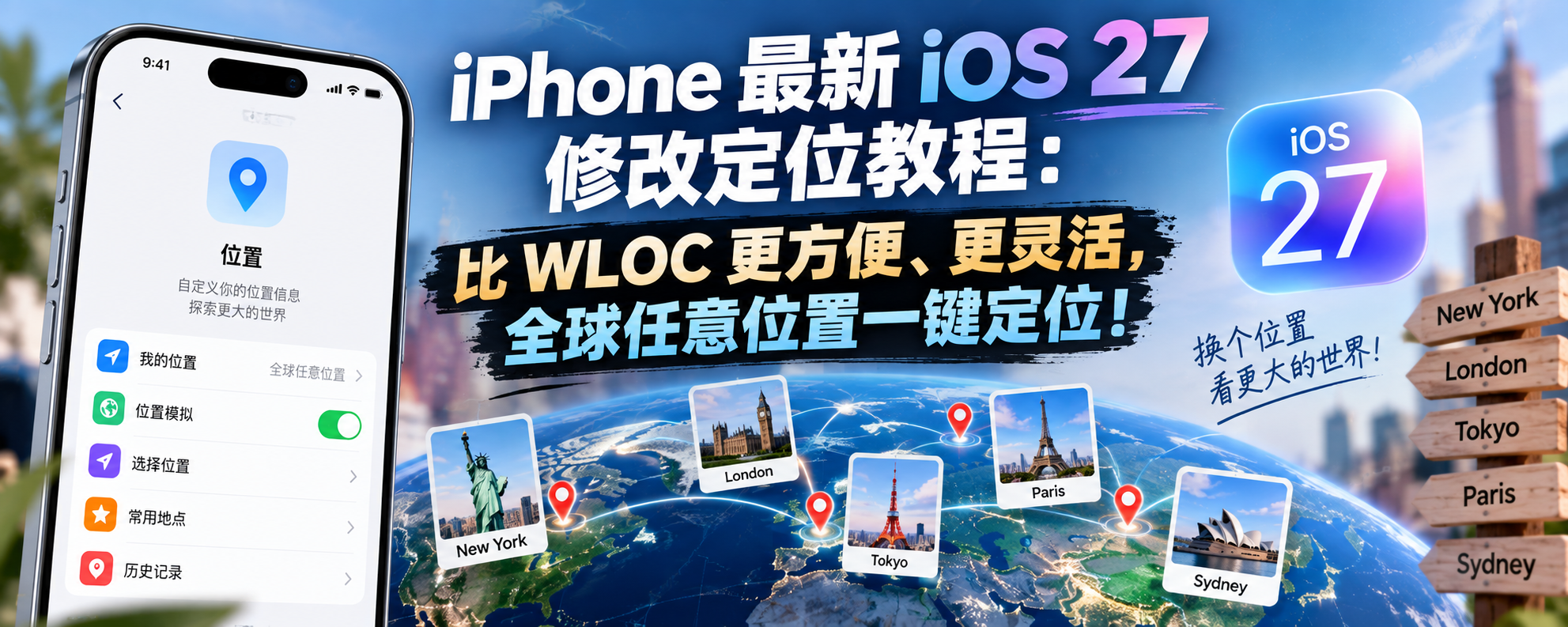 iPhone 最新 iOS 27 修改定位教程：比 WLOC 更方便、更灵活，全球任意位置一键定位！
